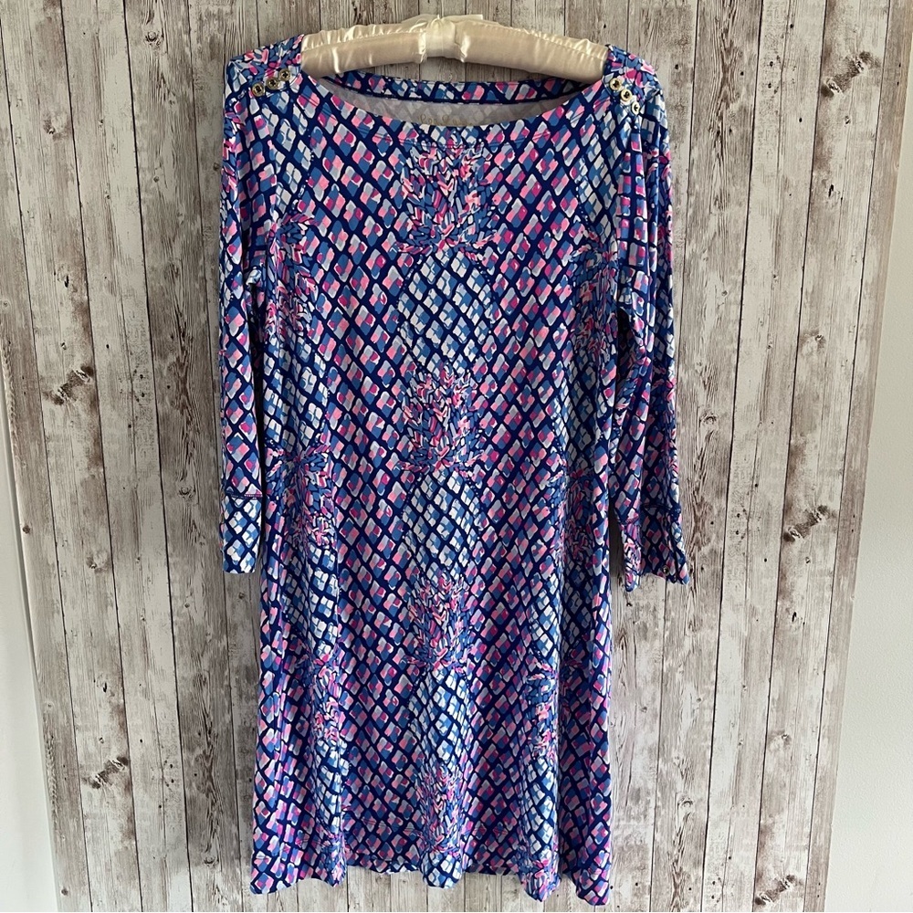Lilly Pulitzer Sophie Blue and Pink Toe In Boat Pineapple 3/4 Sleeve Dress Med